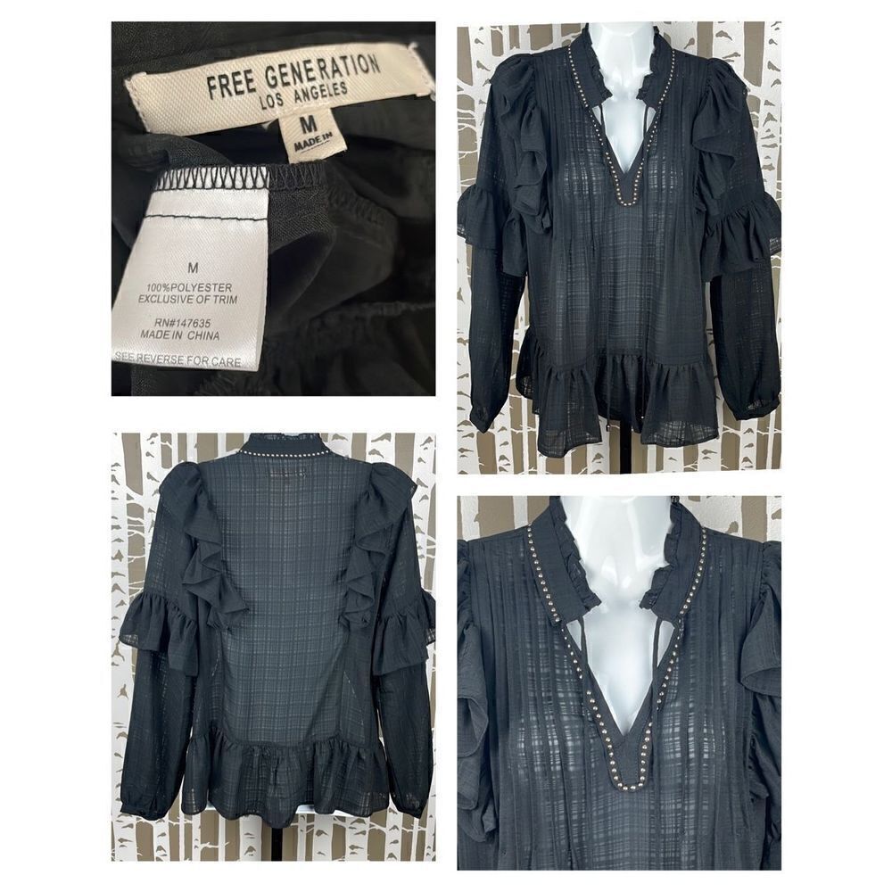 Anthropologie Free Generation Black Semi-Sheer Ruffled Studded Balloon Sleeve Bl